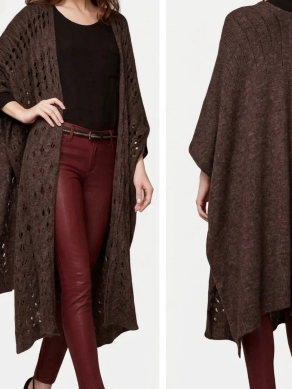 Free People🤎Brown “Snakes and Ladders” Knit Open-Front Poncho.